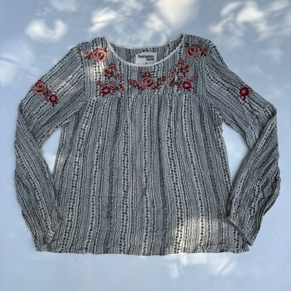 Savanna Jane Womens Medium Boho Embroidered Floral Striped Rayon Peasant Top